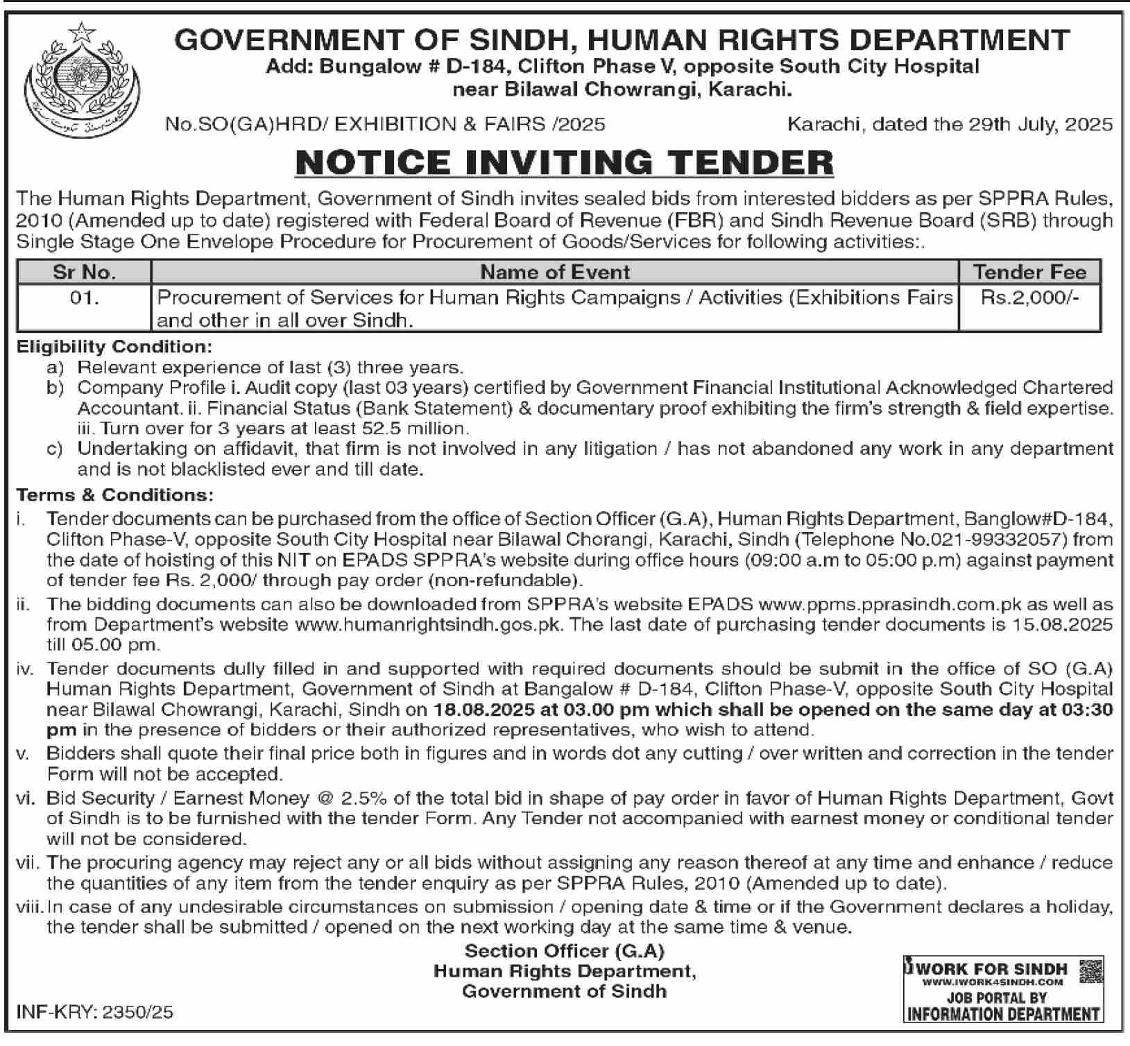 Human Rights Department Karachi Tender Notice